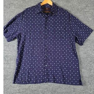 Toscano Silk/Rayon Mens Navy Anchor Print Short Sleeve Button Down Shirt Sz L